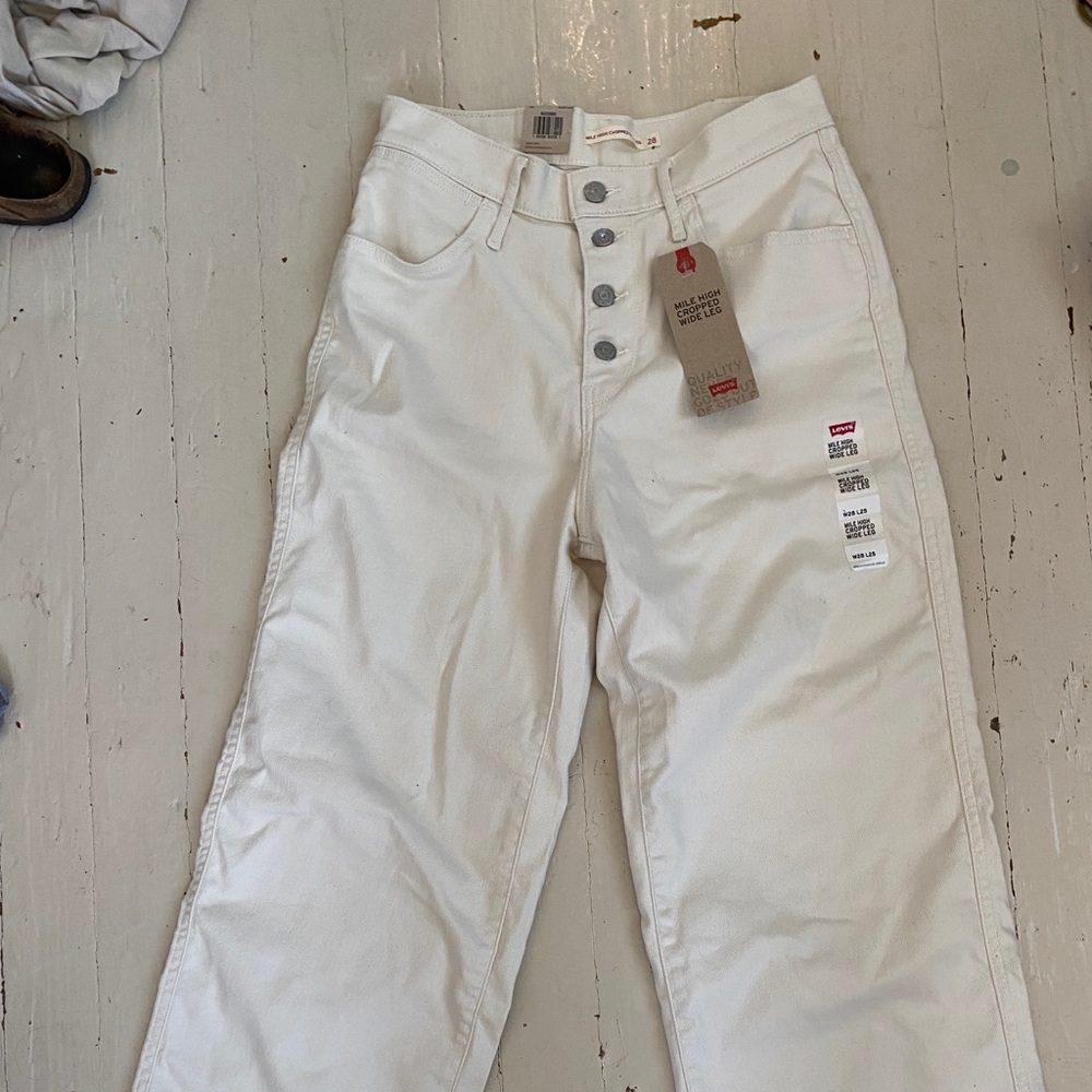 White Mile High Wide Legged Cropped Levis